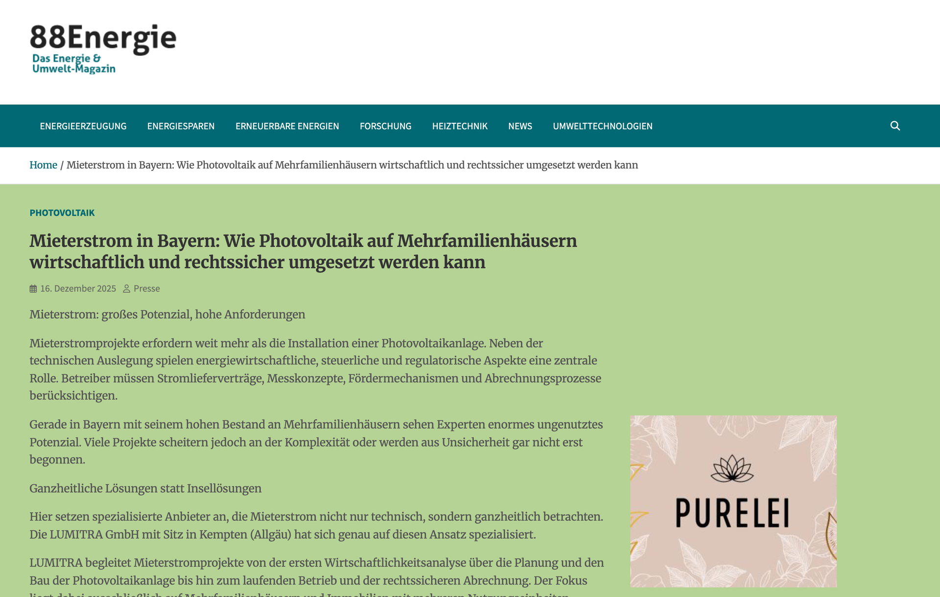 Screenshot des 88energie-Beitrags zu Mieterstrom in Bayern