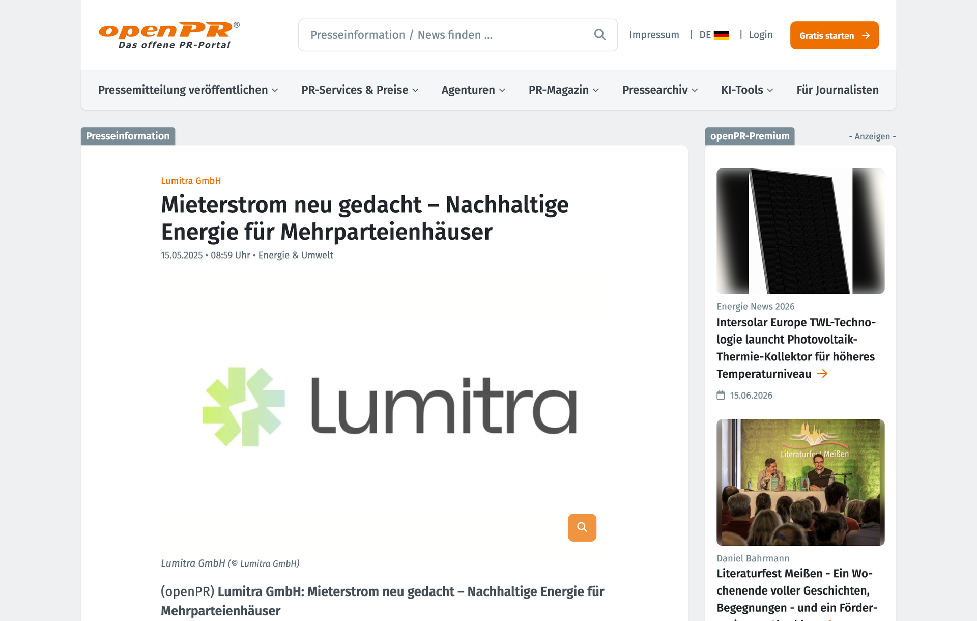 Screenshot der Lumitra-Pressemitteilung bei openPR