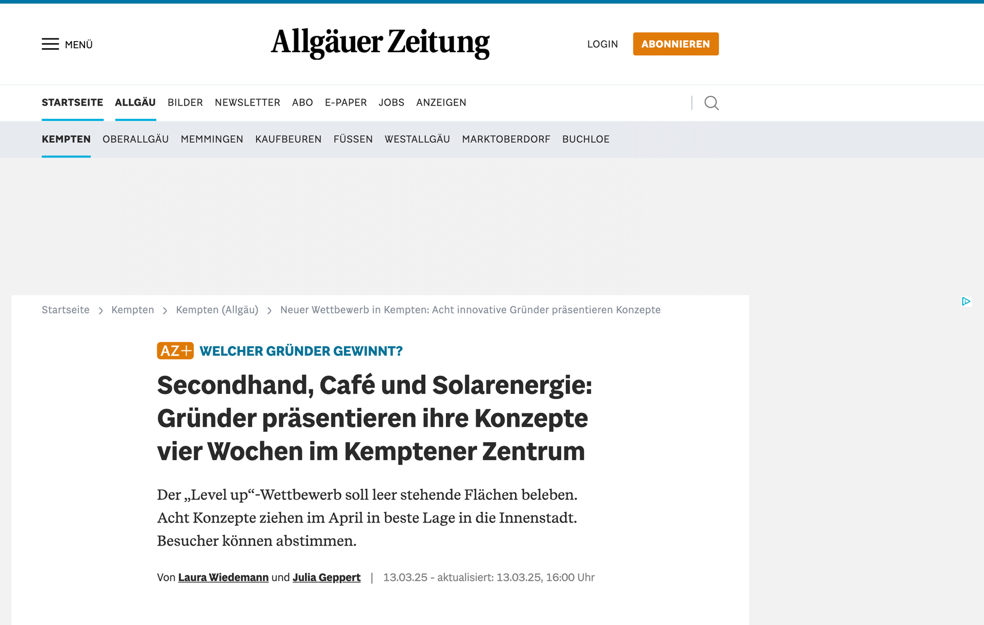 Screenshot des Allgäuer-Zeitung-Beitrags zum Gründerwettbewerb