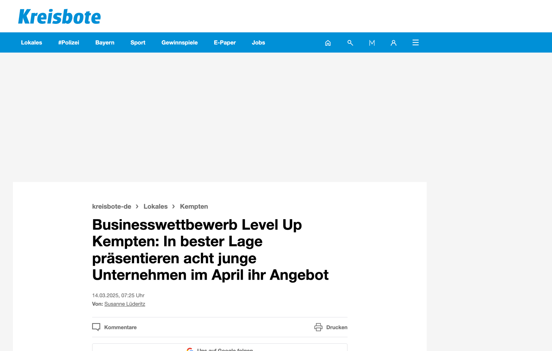 Screenshot des Kreisbote-Beitrags zum Wettbewerb Level Up Kempten
