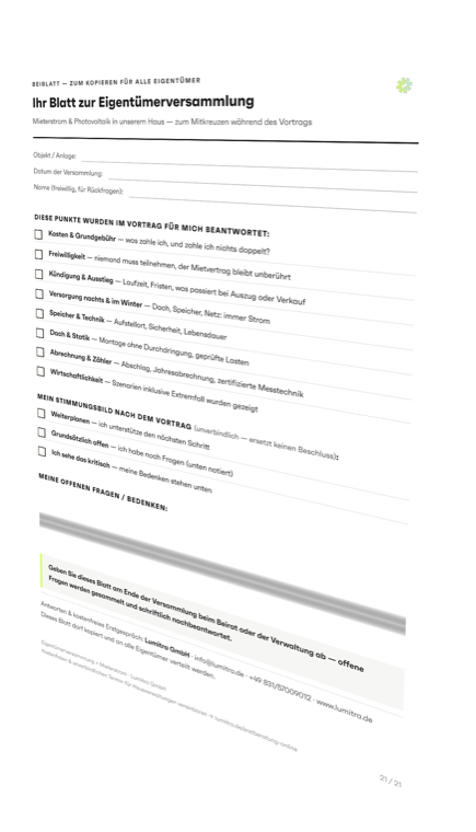 Beiblatt zur Eigentümerversammlung — zum Ankreuzen für alle Anwesenden