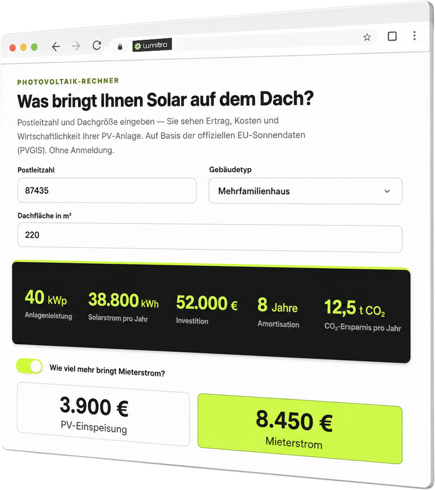 Lumitra Photovoltaik-Rechner: Beispielrechnung für ein Mehrfamilienhaus mit Ertrag, Kosten und Mieterstrom-Vergleich