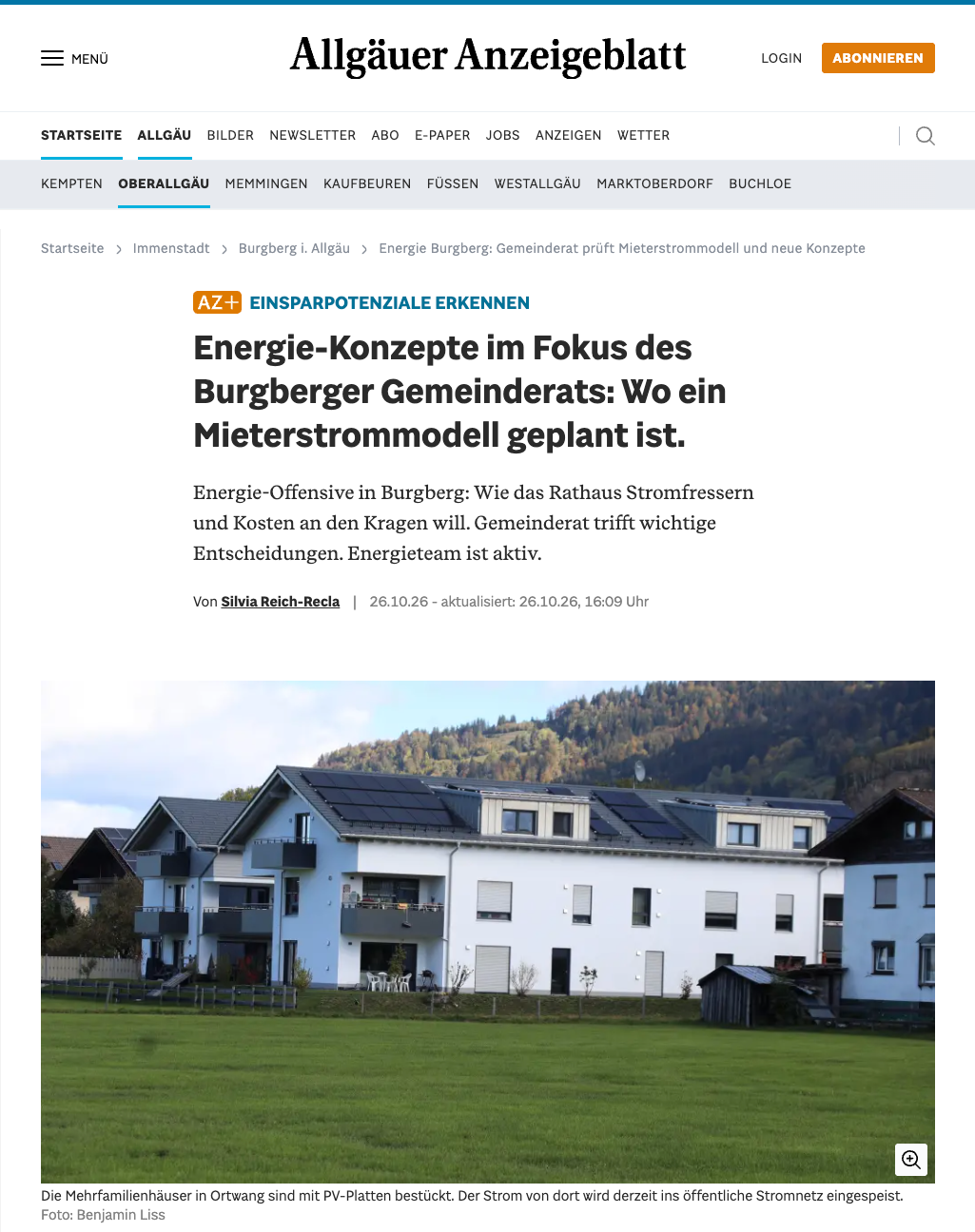 Screenshot des Allgäuer-Zeitung-Beitrags über Energie-Konzepte und Mieterstrom in Burgberg