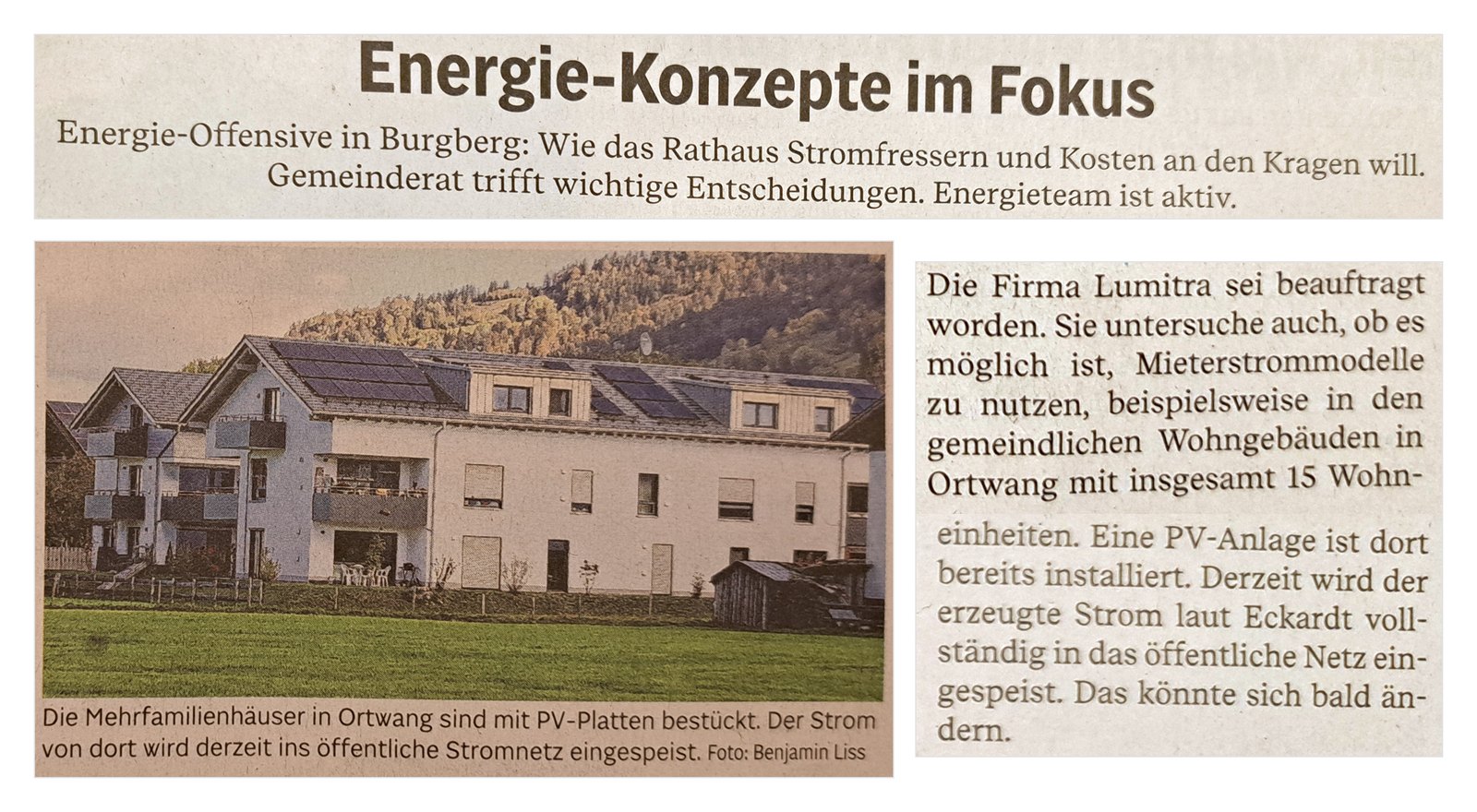 Ausschnitt aus der Druckausgabe der Allgäuer Zeitung: Überschrift Energie-Konzepte im Fokus, Foto der Mehrfamilienhäuser in Ortwang und Absatz zu Lumitra